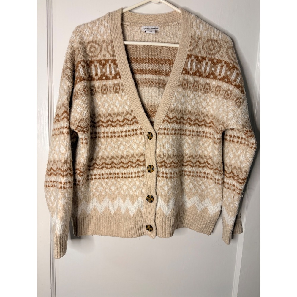 Cupcakes and Cashmere Womens Medium Fair Isle Cardigan Sweater Beige‎ Brown Knit